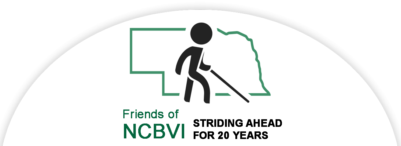Friends of NCBVI, striding ahead for 20 years. Figure of man with cane in front of Nebraska outline.