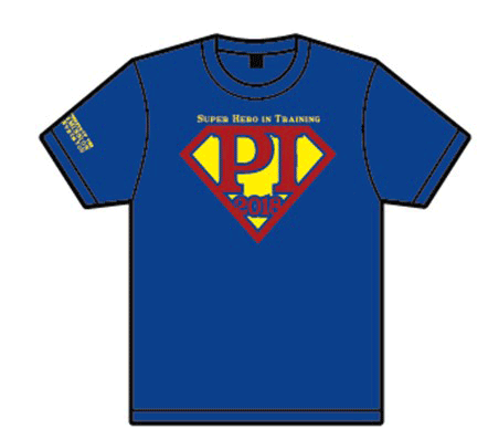 Royal blue t-shirt with the logo Super Hero in Training, PI 2018