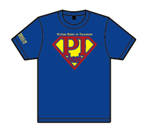 royal blue t-shirt with logo Super Hero in Training, PI 2018